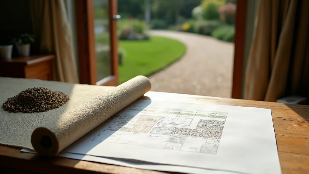 Rouleau de géotextile pour gravier posé sur un bureau avec vue sur une allée de jardin