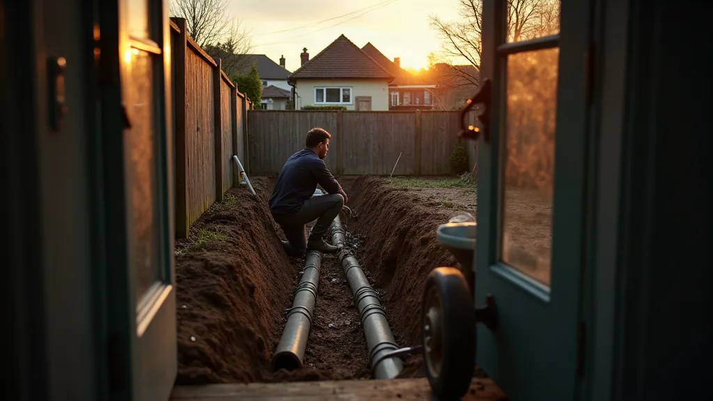 Chantier de réparation de fuite d'eau enterrée vu depuis l'intérieur d'une maison au crépuscule