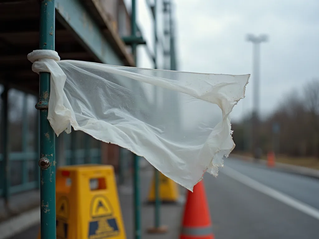Combien de temps l'amiante reste dans l'air extérieur ? Bâche de confinement de chantier endommagée près d'un échafaudage