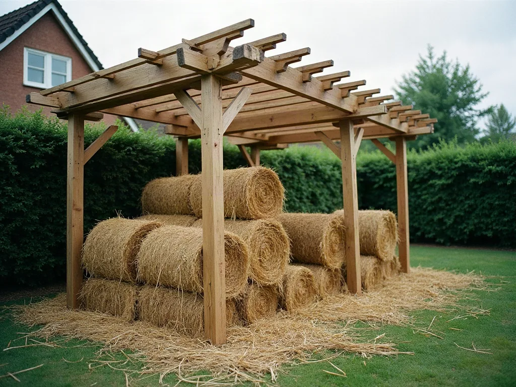Bottes de paille et ossature bois pour toiture de pergola