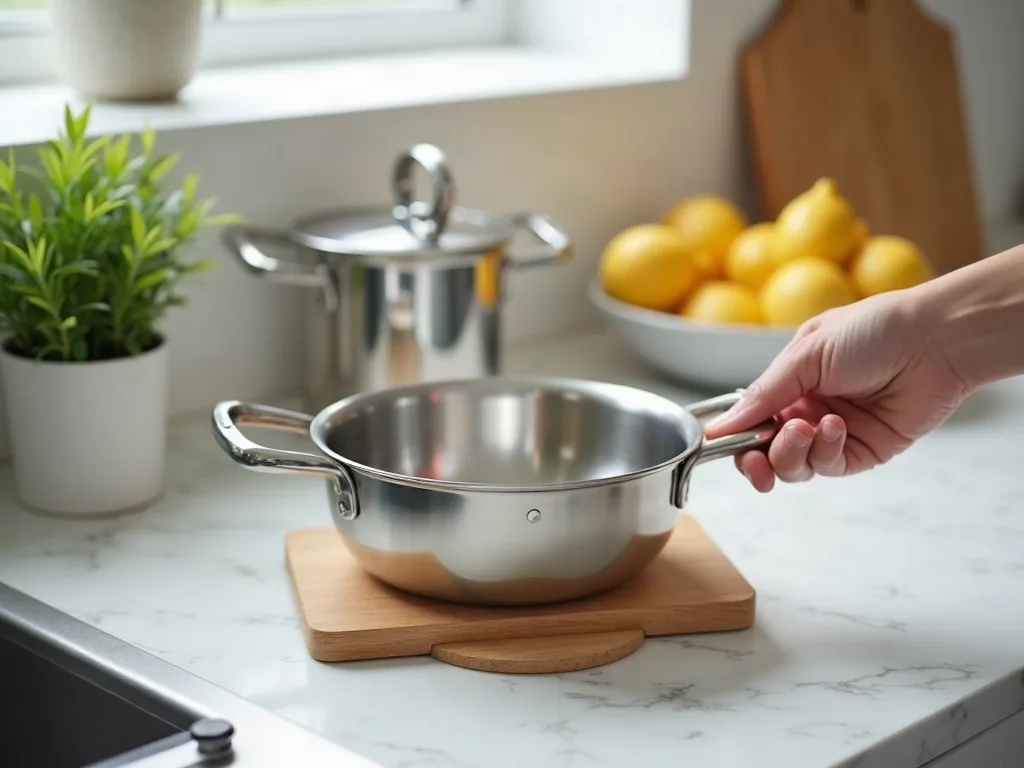 Plan de travail en quartz : avantages et inconvénients à connaître Dessous-de-plat posé sur un plan de travail en quartz près d'une casserole