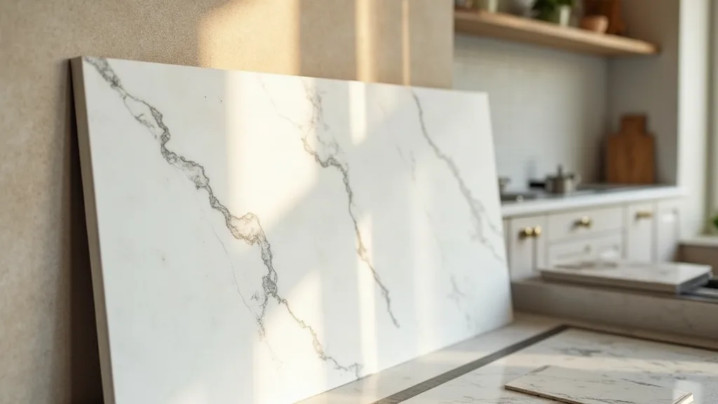 Plan de travail en quartz : avantages et inconvénients à connaître Échantillon de plan de travail en quartz dans un showroom de rénovation