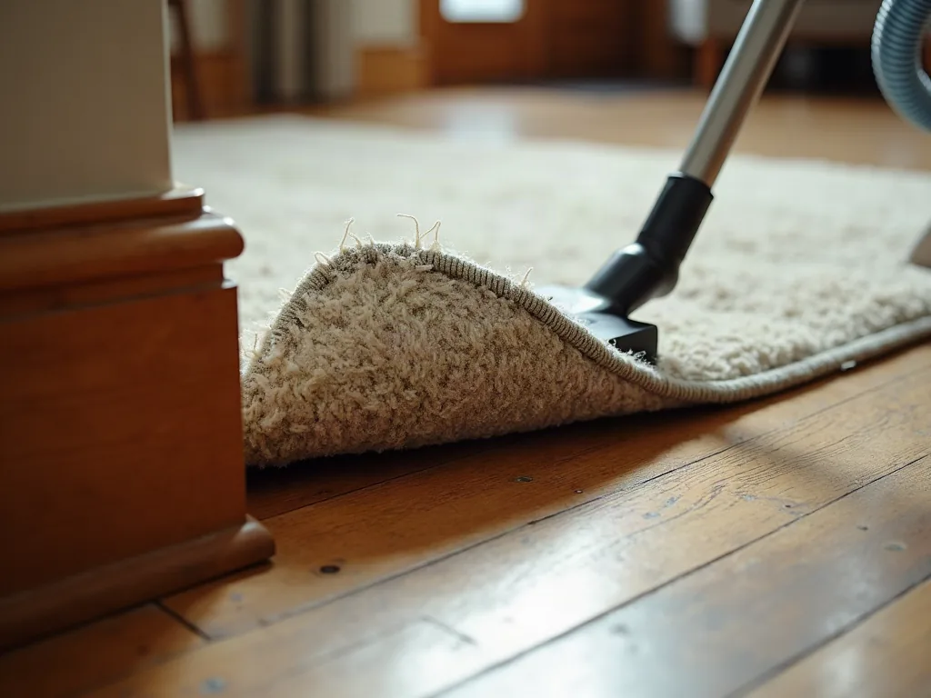 Petit insecte marron dans la maison : identifiez-le et agissez vite Coin de tapis en laine soulevé près d'une plinthe en bois pour inspection