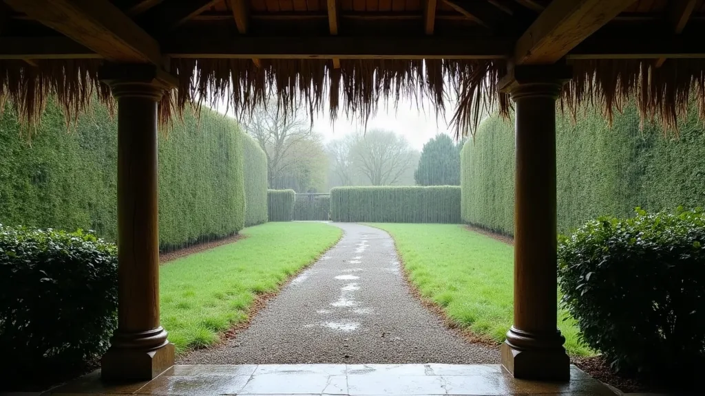 Vue depuis l'intérieur d'une pergola avec toiture en paille après la pluie