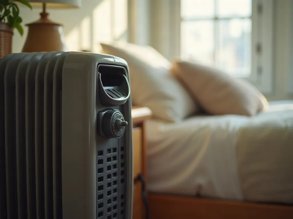 Peut-on laisser un radiateur bain d'huile toute la nuit ? Molette de réglage d'un radiateur bain d'huile près d'une table de chevet