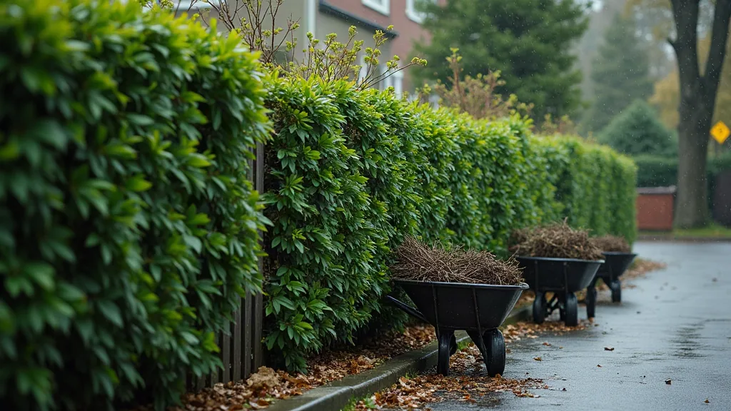 Tarif taille de haie 3 faces avec évacuation : le vrai prix en 2026 Haie de jardin taillée sur trois faces avec branchages évacués dans une brouette après la pluie