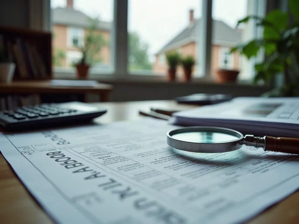 Loupe posée sur un document administratif de chantier à côté d'une calculatrice